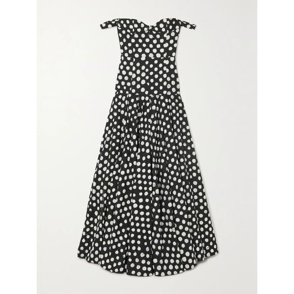 Studio 189 Off-the-shoulder Pleated Polkadot Cotton Gown - S - Black - Picture 1 of 6